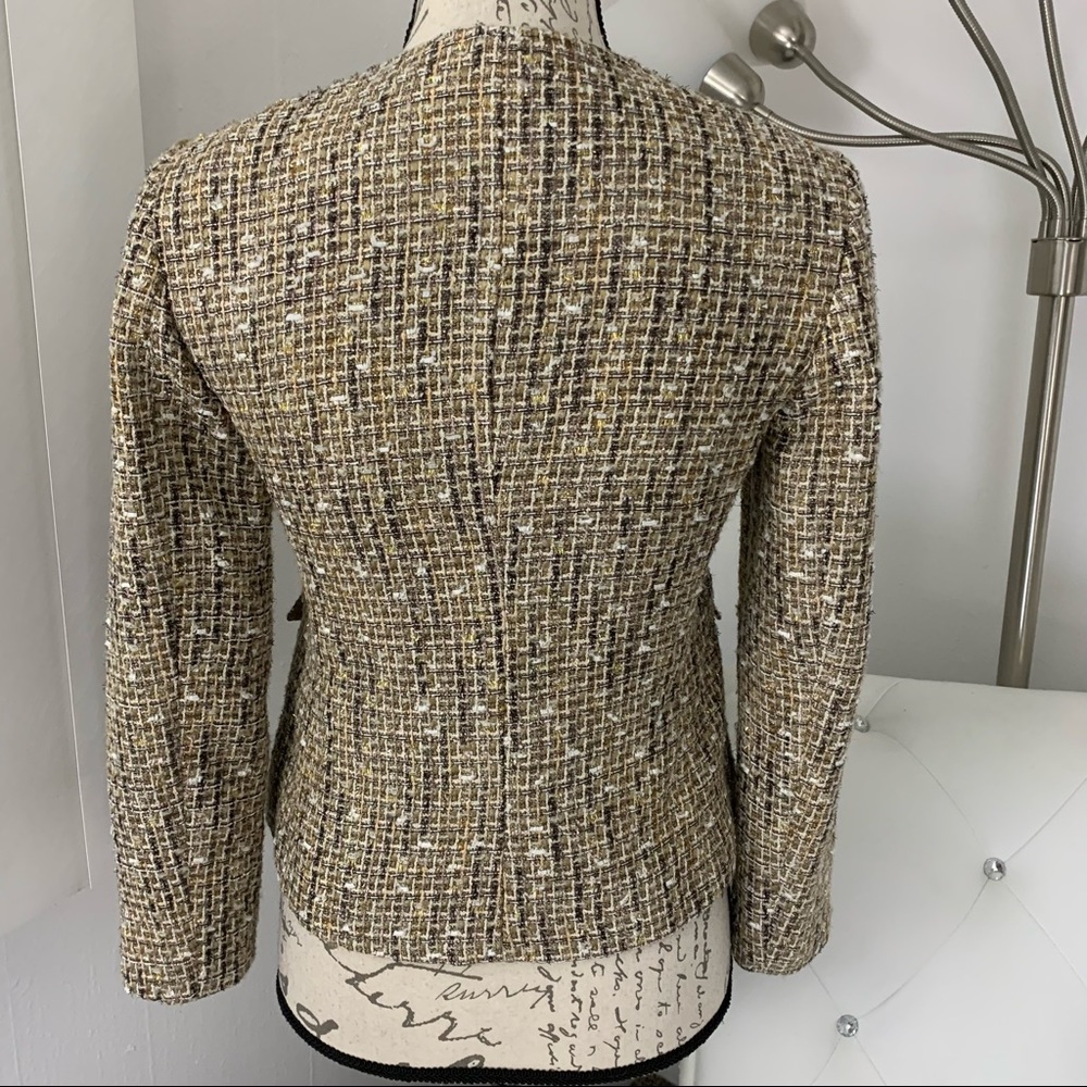 Talbots Beige Gold Metallic Zipper Front Tweed Blazer Jacket Mature Modest 2P - Picture 4 of 11